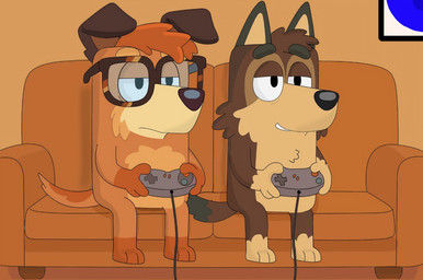 anthro controller eyewear furniture gaming glasses hair male male/male on_sofa playing_video_game sitting sitting_on_sofa smile sofa tail wildside_45 bluey_(series) busker_(bluey) canid canine canis domestic_dog hunting_dog irish_terrier mammal terrier absurd_res hi_res