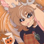 ambiguous_gender anthro antlers beverage blush clothing coffee coffee_mug freckles heterochromia horn looking_at_viewer orange_blush overalls poliosis smile solo tongue tongue_out nekopumpkin latte_(nekopumpkin) jackalope lagomorph leporid mammal 1:1 2025 hi_res