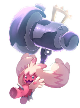 4_fingers ambiguous_gender ambiguous_humanoid eyelashes featureless_legs fingers hair hammer holding_hammer holding_object holding_tool light long_hair not_furry open_mouth pink_body pink_hair purple_eyes purple_tongue simple_background solo tongue tools white_background rumine nintendo pokemon generation_9_pokemon humanoid pokemon_(species) tinkaton 2026 hi_res lighting shaded