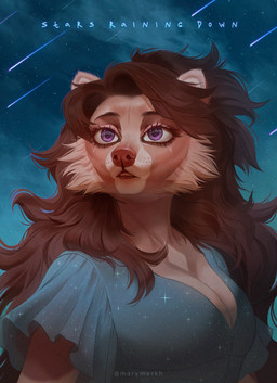 anthro blue_clothing blue_topwear bodily_fluids brown_hair clothed clothing crying eyelashes female fur glistening glistening_eyes hair long_hair orange_body orange_fur outside purple_eyes shooting_star solo star tears text topwear marie_merkh mammal procyonid raccoon absurd_res artist_name bust_portrait hi_res portrait