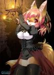 alternative_fashion anthro big_breasts breasts clothing female fluffy fluffy_tail hair j-fashion juliet_sleeves kemono legwear looking_at_viewer ouji_(fashion) pink_hair puffy_sleeves red_eyes short_hair smile solo tail thigh_highs ikuta_takanon kotou_yotogibanashi canid canine fox mammal dark_theme digital_media_(artwork) digital_painting_(artwork) warm_colors