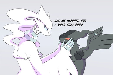 anthro big_hair dialogue duo female hair hand_on_face looking_at_another male simple_background text unknown_artist nintendo pokemon generation_5_pokemon legendary_pokemon pokemon_(species) reshiram zekrom hi_res portuguese_text translated
