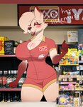 anthro big_breasts blush bottomwear breasts brown_body clothing female shirt shorts solo store text topwear foxgumie oxxo canid canine fox mammal hi_res spanish_text