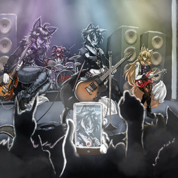 anthro bass_guitar black_body black_fur black_hair clothing concert concert_stage drum drum_set electronics female fur group guitar hair male microphone microphone_stand musical_instrument orange_body orange_fur orange_hair percussion_instrument plucked_string_instrument red_body red_fur red_hair speaker string_instrument white_body white_fur twistedtak jasper_(skittersqueak) lena_(skittersqueak) nicole_(skittersqueak) trace_(skittersqueak) bovid canid canine caprine domestic_cat felid feline felis fox goat mammal 1:1 hi_res