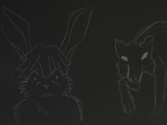 after_transformation ambiguous_gender black_background chest_tuft feral fur hair hunted imminent_death no_pupils rabbit_ears reality_ensues simple_background size_difference solo tuft uhoh znzirvana canid canine canis fox lagomorph leporid mammal rabbit wolf 4:3 absurd_res black_and_white hi_res monochrome portrait