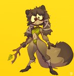 anthro big_tail brown_body brown_fur clothed clothing eye_bags female fur grey_body grey_fur hair highleg highleg_bottomwear leaf_clothing looking_at_viewer messy_hair midriff simple_background skimpy small_waist solo stick tail tanuki_leaf thick_thighs wide_hips yellow_background foretbwat tanuki_(foretbwat) canid canine mammal raccoon_dog tanuki 2022 absurd_res digital_media_(artwork) hi_res