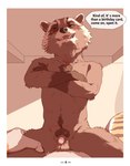 absurd_res anthro balls body_hair brown_body brown_fur crossed_arms dialogue digital_media_(artwork) duo english_text felid flaccid fur genitals guardians_of_the_galaxy happy_trail hi_res humanoid_genitalia light looking_at_viewer male male/male mammal marvel nude pantherine penis procyonid pubes raccoon red_eyes rocket_raccoon sadness_hao simple_background sitting sitting_on_another sitting_on_belly smile speech_bubble spread_legs spreading striped_body stripes sunlight text tiger