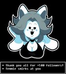 anthro anthrofied beady_eyes bedroom_eyes big_breasts bra breasts cleavage clothed clothing dot_eyes female fur grey_hair hair hand_behind_head narrowed_eyes open_mouth open_smile rosy_cheeks seductive smile smirk solo text underwear white_body white_fur dongitos tumblr undertale undertale_(series) temmie_(undertale) canid canine felid feline hybrid mammal tem