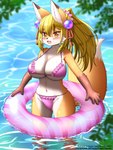 anthro big_breasts bikini blonde_hair blush breasts brown_body brown_fur camel_toe clothing cute_fangs dipstick_ears dipstick_tail ear_markings fangs female female_anthro fur gloves_(marking) hair huge_breasts inflatable inner_ear_fluff inner_tube kemono long_hair looking_at_viewer markings multicolored_body multicolored_ears multicolored_eyes multicolored_fur multicolored_tail navel open_mouth orange_eyes partially_submerged ponytail pupils slit_pupils solo swimwear tail tail_markings teeth tongue tuft two-piece_swimsuit two_tone_eyes under_boob water white_body white_fur yellow_body yellow_eyes yellow_fur faroula komali_(faroula) canid canine fox mammal 2022 3:4 absurd_res digital_media_(artwork) hi_res signature