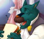 anthro blue_body blue_fur clothing eyes_closed facial_hair food fur humanoid_hands kemono male mustache necktie sandwich_(food) shirt solo topwear kira_nerisu sherlock_hound_(series) watson_(sherlock_hound) canid canine canis domestic_dog mammal 2004 archived_source