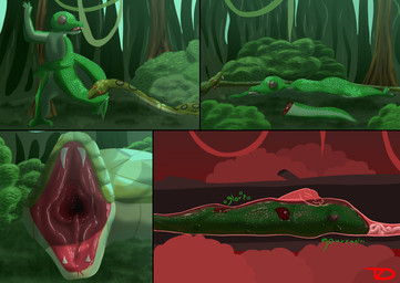 ambiguous_gender ambiguous_pred anthro blood bodily_fluids duo feral green_body green_scales internal male male_prey mouth_shot open_mouth organs paralysis pupils same_size_vore scales slit_pupils stomach_acid tail_drop venom vore flightlesslizard monitor_(flightlesslizard) gecko lizard reptile scalie snake absurd_res hi_res