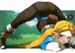 ass_up blonde_hair bodily_fluids boots bottomwear clothing cloud day female footwear gameplay_mechanics grass green_eyes hair humanoid_pointy_ears jack-o'_pose long_hair not_furry open_mouth pants plant pointy_ears pose shirt shoes solo stamina_bar sweat topwear hizake nintendo the_legend_of_zelda princess_zelda elf humanoid hylian hi_res