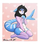 anthro black_hair blue_body border bottomless breasts brown_eyes clothed clothing clothing_lift ear_piercing embarrassed female furgonomics furry-specific_piercing hair hand_between_legs kneeling legwear markings navel non-mammal_breasts non-mammal_navel piercing shirt shirt_lift shy slightly_chubby slightly_chubby_anthro slightly_chubby_female solo stockings tail tail_piercing thick_thighs topwear white_border white_markings wide_hips toasterstein_(artist) fish marine shark absurd_res hi_res