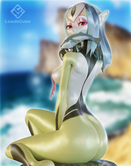 arm_fin black_stripes blue_hair breasts butt colored_nails covered_nipples eyeshadow facial_markings female fin fish_in_mouth forehead_markings hair happy head_markings humanoid_pointy_ears looking_at_viewer looking_back makeup markings multicolored_body nails nude pink_eyeshadow pink_nails pointy_ears red_eyes red_markings sitting slim small_breasts smooth_skin solo stripes white_body yellow_body lewdxcube blue_submarine_no._6 mutio animal_humanoid aquatic aquatic_humanoid fish fish_humanoid humanoid hybrid 3d_(artwork) absurd_res digital_media_(artwork) hi_res