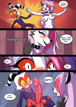 anthro blush breasts clenched_teeth clothing dialogue erection female genitals male male/female nipples pajamas penis punch shirt smile speech_bubble tank_top teeth topwear kato777 hellaverse helluva_boss mythology loona_(helluva_boss) moxxie_(helluva_boss) canid canid_demon canine demon hellhound imp mammal mythological_canine mythological_creature absurd_res comic hi_res