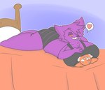 anthro bed big_breasts breast_smother breasts clothed clothing duo female fur furniture hair humor male male/female simple_background size_difference smile smothering tight_clothing underwear wide_hips phant0mhat nintendo pokemon ailurid generation_1_pokemon gengar mammal pokemon_(species) red_panda digital_media_(artwork) hi_res