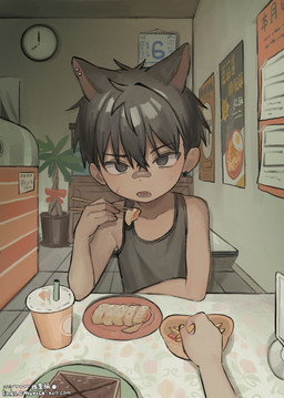 bandage bandage_on_face bandage_on_nose chopsticks clothed clothing duo eyebrow_through_hair eyebrows food hair holding_chopsticks holding_object male solo_focus text translucent translucent_hair young young_humanoid young_male omurice-kun animal_humanoid canid canid_humanoid canine canine_humanoid dog_humanoid humanoid mammal mammal_humanoid absurd_res hi_res japanese_text tagme