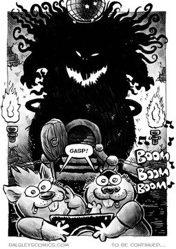 4_fingers anthro armor biped clothing dialogue disco_ball duo fingers fire headgear helmet male musical_note musical_symbol open_mouth overweight overweight_male shirt surprised symbol text topwear jwbalsley mammal murid murine rat rodent 2026 absurd_res comic english_text hi_res