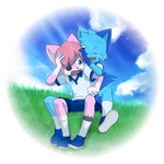 anthro blinking blue_body blue_fur blue_sky clothed clothing cloud detailed_background duo fur grass male male/male open_mouth pink_body pink_fur plant playing sitting sitting_on_grass sky young young_anthro young_male young_on_young hazumazu haziq_(hazumazu) naz_namaki_(cynxie) domestic_cat felid feline felis mammal 1:1 2021 hi_res