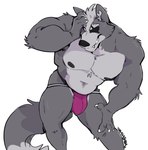 anthro barazoku bulge clothing eye_patch eyewear fur grey_body grey_fur jockstrap male muscular muscular_male nipples pecs purple_clothing purple_jockstrap purple_undergarments purple_underwear simple_background solo underwear white_background haps nintendo star_fox wolf_o'donnell canid canine canis mammal wolf 2021 hi_res