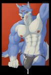 anthro blue_body blue_fur bodily_fluids bulge clothed clothing cum cum_drip cum_in_clothing cum_in_jockstrap cum_in_underwear cum_through_clothing cum_through_jockstrap cum_through_underwear dripping fur genital_fluids jockstrap jockstrap_only male multicolored_body multicolored_fur muscular muscular_male solo topless two_tone_body two_tone_fur underwear underwear_only wet wet_clothing wet_underwear white_body white_fur art_roki rockytherookie canid canine canis mammal wolf absurd_res alpha_channel hi_res