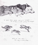 ambiguous_gender canid canine canis comic coop_(wrng) dialogue digitigrade english_text feral fur graphite_(artwork) greyscale group mammal monochrome natsume_(wrng) natsumewolf pencil_(artwork) quadruped rikku simple_background tail text traditional_media_(artwork) white_background wolf wolf's_rain wolf's_rain_next_generation