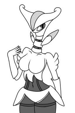 anthro big_breasts breasts female machine solo wide_hips lunaiiire nintendo pokemon android future_pokemon generation_9_pokemon humanoid iron_leaves paradox_pokemon pokemon_(species) robot black_and_white digital_drawing_(artwork) digital_media_(artwork) monochrome portrait sketch