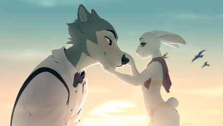 anthro black_nose blush bow_tie clothing duo female larger_male male shirt size_difference smaller_female smile sun swimwear topwear smileeeeeee beastars haru_(beastars) legoshi_(beastars) canid canine canis domestic_rabbit dwarf_rabbit lagomorph leporid mammal oryctolagus rabbit wolf 2020 digital_media_(artwork) shaded