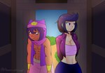 blue_hair breasts cleavage clothed clothing duo female hair human_only male midriff not_furry purple_eyes twitter_handle ruptureowo brawl_stars supercell_(company) bibi_(brawl_stars) sandy_(brawl_stars) human mammal comic hi_res