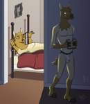 anthro bed bedroom blue_eyes bound brown_body brown_fur bulge clothed clothing cuff_(restraint) detailed_bulge duo eating eating_food food fur furniture gloves_(marking) green_eyes handcuffed handcuffs hooves jockstrap jockstrap_only male markings metal_cuffs neck_tuft restrained restrained_arms restraints sandwich_(food) topless tuft underwear underwear_only birbdrain camelid llama mammal cel_shading digital_drawing_(artwork) digital_media_(artwork) hi_res shaded brother_(lore) brothers_(lore) sibling_(lore)