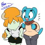 anthro blue_body blue_fur bottomwear clothed clothing duo female fur hair hair_over_eyes horn male orange_hair pants shorts smile sweater topwear wide_hips bluejr cartoon_network the_amazing_world_of_gumball gumball_watterson jamie_(tawog) bovid caprine domestic_cat felid feline felis mammal 1:1 hi_res