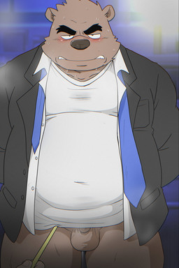 anthro balls blush bodily_fluids bottomless brown_body clothed clothing duo eyebrows flaccid genitals grimace hands_behind_back kemono larger_but_small male micropenis mostly_offscreen_character musk overweight overweight_male penis shirt small_penis solo_focus sweat thick_eyebrows topwear shibatanukiti bear mammal 2026 hi_res