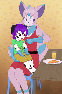 anthro beverage clothing collar digit_ring dress duo feeding female floppy_ears food fur hair jewelry juice_(beverage) loli neck_tuft on_lap parenting pink_body pink_fur purple_eyes purple_hair red_clothing red_dress red_eyes ring sitting_on_lap tuft waffle wedding_ring white_body white_fur young jm-luxro nintendo pokemon veo_(st3veo) canid canine canis dalmatian domestic_dog eeveelution espeon generation_2_pokemon hybrid lewxen mammal pokemon_(species) 2:3 absurd_res hi_res