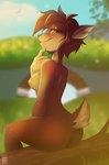 anthro blurred_background breasts brown_hair butt detailed_background eyebrows eyelashes female green_eyes hair looking_at_viewer narrowed_eyes nipples notched_ear nude outside scut_tail short_tail sitting smile smiling_at_viewer solo tail rin_tyan activision spyro_the_dragon elora deer faun faun_(spyro) mammal satyr 2022 artist_name digital_media_(artwork) hi_res