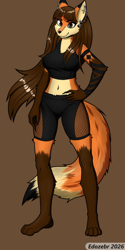 anthro arm_tattoo athletic_wear barefoot bottomwear bra brown_eyes brown_hair chain clothing colored_nails feet female gym_bottomwear gym_shorts hair long_hair looking_at_viewer nails navel piercing ring_piercing shorts smile smiling_at_viewer solo sports_bra tattoo underwear edozebr canid canine fox mammal absurd_res hi_res