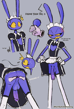 anthro anus balls big_penis bodily_fluids butt buttplug buttplug_tail clothed clothing erection fake_tail femboy fur genital_fluids genitals gloves hand_on_butt handwear maid_uniform male male_penetrated penetration penis plug_(sex_toy) presenting purple_body sex_toy simple_background smile solo spread_anus spread_butt spreading teeth text uniform notsafeforwanking glitch_productions the_amazing_digital_circus jax_(tadc) canid canine humanoid lagomorph leporid mammal rabbit absurd_res digital_media_(artwork) english_text hi_res