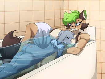 anthro bath bathing bathroom big_breasts big_butt breasts brown_body brown_fur butt duo eyes_closed fangs female fur green_hair grey_body grey_fur hair male male/female nude sabertooth_(anatomy) sleeping smile tail teeth thick_thighs water wet white_body white_fur wide_hipped_male wide_hips yellow_body yellow_fur japy7u7 nintendo pokemon fan_character eevee felid generation_1_pokemon mammal pokemon_(species) prehistoric_species saber-toothed_tiger shiny_pokemon 4:3 absurd_res hi_res
