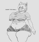 annoyed anthro big_breasts big_butt blush bottomwear breasts butt clothing embarrassed female hair hand_on_breast hotpants huge_thighs ineffective_clothing overweight overweight_anthro overweight_female short_hair shorts slightly_chubby small_clothing solo thick_thighs under_boob wide_hips luminared domestic_cat felid feline felis mammal hi_res monochrome sketch