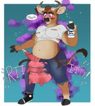 anthro balls_expansion bottle clothing container expansion genital_expansion genitals heterochromia holding_bottle holding_container holding_object male male_udder penis solo teats torn_clothing transformation udder_balls udders goldiescales bovid bovine cattle mammal hi_res