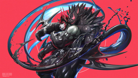 2_horns anthro barazoku beard biceps black_body bulge claws deltoids detailed_bulge duo facial_hair facial_scar finger_claws fur goo_transformation hair horn iridescent logo male male/male muscular muscular_anthro muscular_male red_background red_eyes red_hair red_horn scar simple_background slime snout snout_scar spikes teal_body teal_fur text transformation white_body white_fur takahirosi crimson_(takahirosi) o_(takahirosi) canid canine demon goo_creature hybrid mammal 16:9 2025 artist_logo hi_res url widescreen