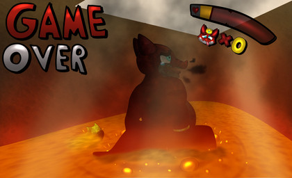 anthro burning butt butt_on_fire charred crown death fire game_over gameplay_mechanics gui hand_on_butt headgear health_bar horn lava male male_death nude pain red_body solo tail namemeana absurd_res digital_media_(artwork) hi_res