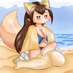 anthro beach big_breasts bikini bikini_bottom breasts brown_hair clothing covering covering_self embarrassed female fur glistening glistening_body hair legwear sand seaside seductive shy solo swimwear tail taking_off_shirt thigh_highs two-piece_swimsuit undressing yellow_body yellow_fur nameigo inumizaru canid canine canis domestic_dog mammal 1:1 absurd_res hi_res