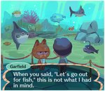 anthro aquarium detailed_background dialogue gameplay_mechanics group half-closed_eyes lure_(anatomy) male narrowed_eyes text vivarium iniro animal_crossing garfield_(series) nintendo garfield_the_cat jon_arbuckle anglerfish domestic_cat felid feline felis fish human mammal marine ocean_sunfish pufferfish tetraodontiform 2021 crossover digital_media_(artwork) english_text signature