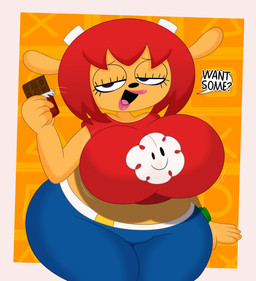 2_horns 5_fingers abstract_background anthro big_breasts blue_eyes border bottomwear breasts brown_body brown_fur candy chocolate chocolate_bar clock clothing crop_top curvy_figure denim denim_bottomwear denim_clothing dessert dialogue eyelashes female fingers food fur hair horn huge_breasts huge_hips huge_thighs jeans lipstick looking_at_viewer makeup midriff motion_lines open_mouth open_smile pants pink_lipstick red_clothing red_crop_top red_hair red_shirt red_t-shirt red_topwear shirt short_hair smile solo t-shirt talking_to_viewer text thick_thighs topwear voluptuous voluptuous_anthro voluptuous_female watch white_border wide_hipped_anthro wide_hipped_female wide_hips wristwatch 3barts parappa_the_rapper sony_corporation sony_interactive_entertainment um_jammer_lammy lammy_lamb bovid caprine mammal sheep 2026 absurd_res digital_drawing_(artwork) digital_media_(artwork) english_text hi_res