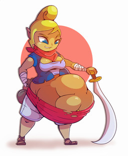 after_vore belly big_belly blonde_hair blue_eyes breasts clothing duo female female_pred footwear hair melee_weapon not_furry overweight sandals shoes sword vore weapon malachi21148 nintendo the_legend_of_zelda wind_waker pirate_leader_tetra humanoid hylian 2019 hi_res