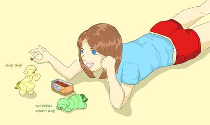 ambiguous_feral ambiguous_gender blue_clothing blue_eyes blue_shirt blue_topwear bottomwear brown_hair clothed clothed_human clothing eyes_closed female female_human feral fur green_body green_fur green_tail group hair light_body light_skin lips looking_at_another lying monotone_body monotone_fur neonate on_front on_hind_legs open_mouth pet_food pink_lips red_bottomwear red_clothing red_shorts shirt shorts size_difference smile tail topwear trio yellow_body yellow_fur yellow_tail young young_ambiguous young_feral carpdime fluffy_pony fluffy_pony_(species) human mammal