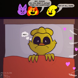 anthro beak bed bedding bedroom bedroom_eyes blanket dialogue frown fur furniture group heart_symbol male male/male narrowed_eyes offscreen_sex orange_body orange_fur purple_body purple_fur scared scared_eyes seductive smile smirk speech_bubble text thought_bubble trio yellow_body yellow_fur tinky mob_entertainment poppy_playtime smiling_critters catnap_(poppy_playtime) dogday_(poppy_playtime) kickinchicken avian bird canid canine canis chicken domestic_cat domestic_dog felid feline felis galliform mammal phasianid url