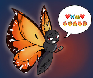 2_antennae 4_fingers 4_legs ambiguous_anthro ambiguous_gender antennae_(anatomy) anthro arthropod_abdomen bald cellphone crown dialogue electronics emoji evil_grin eyespots fingers fire flying gradient_background gradient_eyes grey_antennae grey_body grin half-closed_eyes headgear heart_symbol holding_cellphone holding_object holding_phone holding_smartphone insect_wings lepidopteran_wings looking_at_viewer markings monotone_body multicolored_wings narrowed_eyes nude open_mouth orange_wings phone quadruped red_eyes round_head ruff simple_background smartphone smile solo speech_bubble teeth threatening toony toothy_grin wings coffeeco conditional_dnp disney hoppers_(disney) pixar titus_(hoppers) arthropod butterfly insect lepidopteran monarch_butterfly 2026 alpha_channel digital_drawing_(artwork) digital_media_(artwork) hi_res pictographics shaded female_(lore) young_(lore)