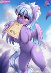 blush cloud cutie_mark day eyebrows eyelashes feathered_wings feathers female feral fur hooves mouth_hold navel outside patreon_logo poster snout solo text website_logo wings conditional_dnp sugarlesspaints friendship_is_magic hasbro my_little_pony mythology patreon cloud_chaser_(mlp) equid equine mammal mythological_creature mythological_equine pegasus 2016 english_text hi_res url