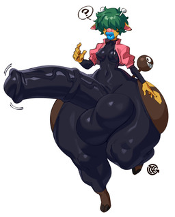 2_horns anthro balls balls_outline big_balls big_penis biped blue_lips breasts bulge clothing cropped_jacket detailed_bulge erection genital_outline genitals green_hair gynomorph hair hooves horn huge_balls huge_hips huge_penis hyper hyper_balls hyper_genitalia hyper_hips hyper_penis intersex latex latex_clothing latex_skinsuit lips navel_outline nipple_outline penis question_mark short_hair simple_background skinsuit solo speech_bubble suit tail thick_lips throbbing throbbing_penis tight_clothing vein veiny_penis white_background wide_hips yellow_body thehelmetguy species_request 2025 character_request digital_media_(artwork) hi_res